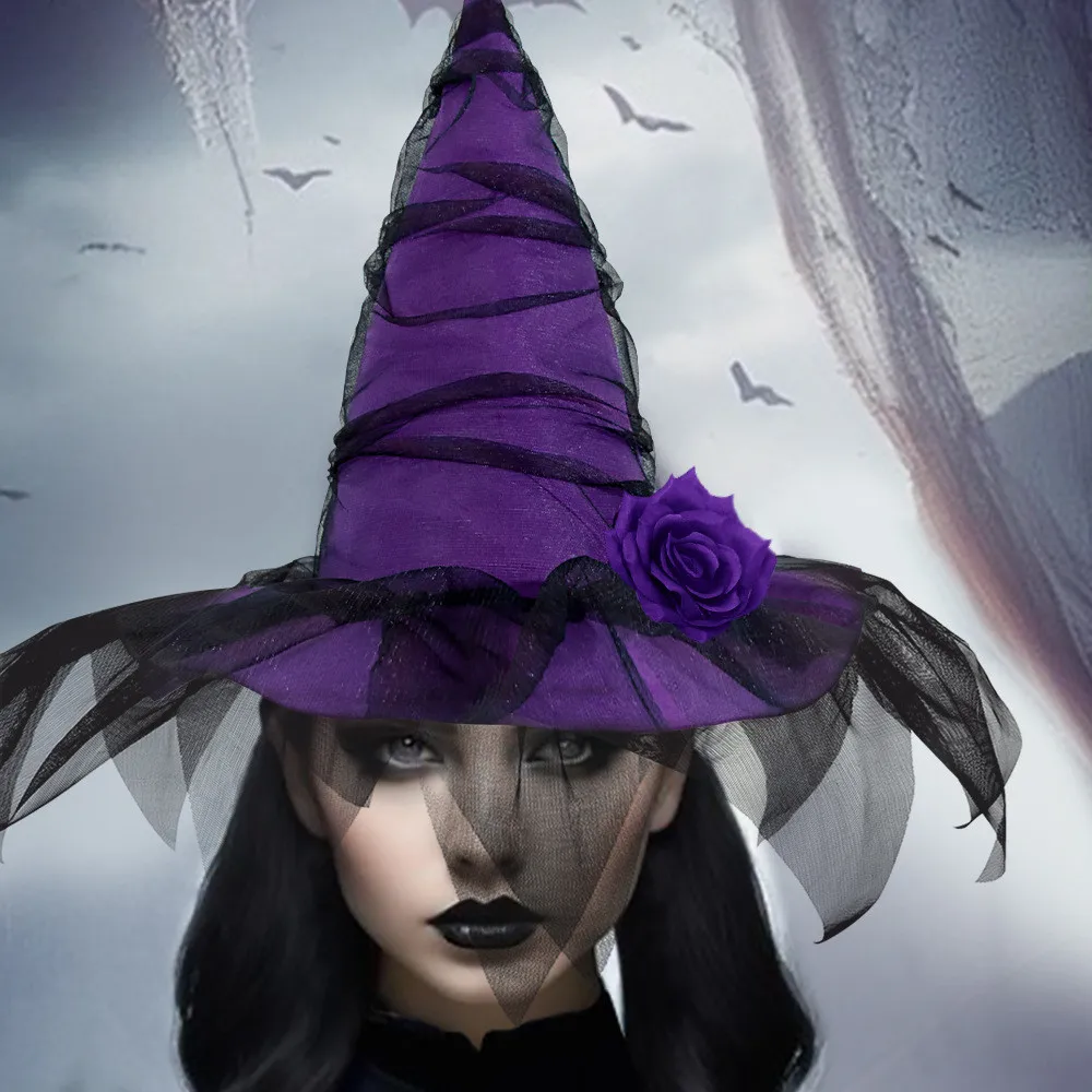 

New Halloween Butterfly Baroque Witch Hat Fashion Mesh Artificial Flower Gothic Queen Cosplay Witch Accessories