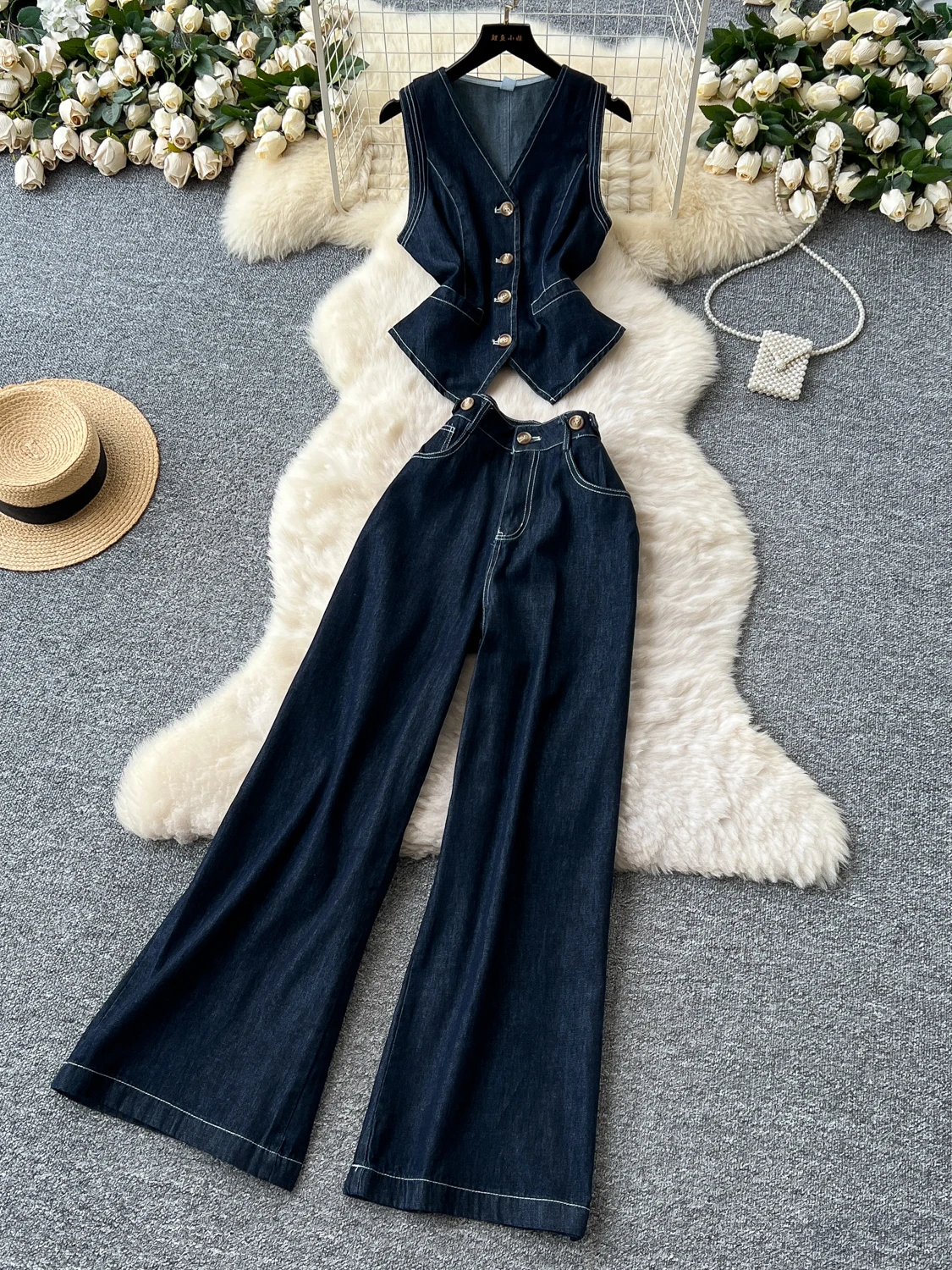 

Retro Simple Lady Denim Set Women's Summer Sleeveless Shirt High Waist Slimming Long Pants Fashionable Two-Piece Suit
