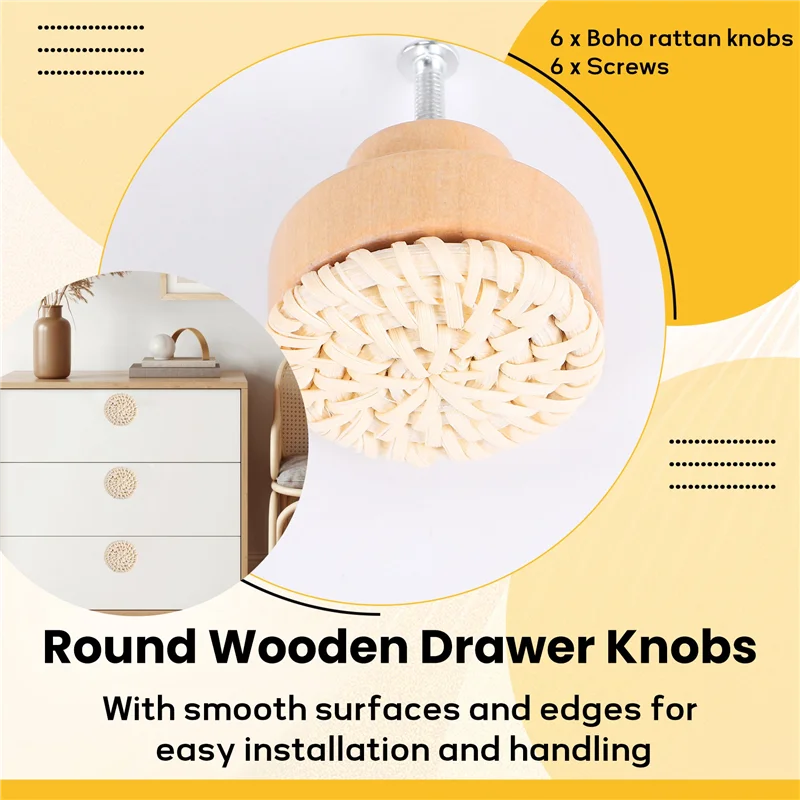 AEE6-Boho Manopole per cassetti in rattan Manopole rotonde per cassetti in legno Intrecciate a mano in vimini e viti per pomelli per mobili Boho Beige