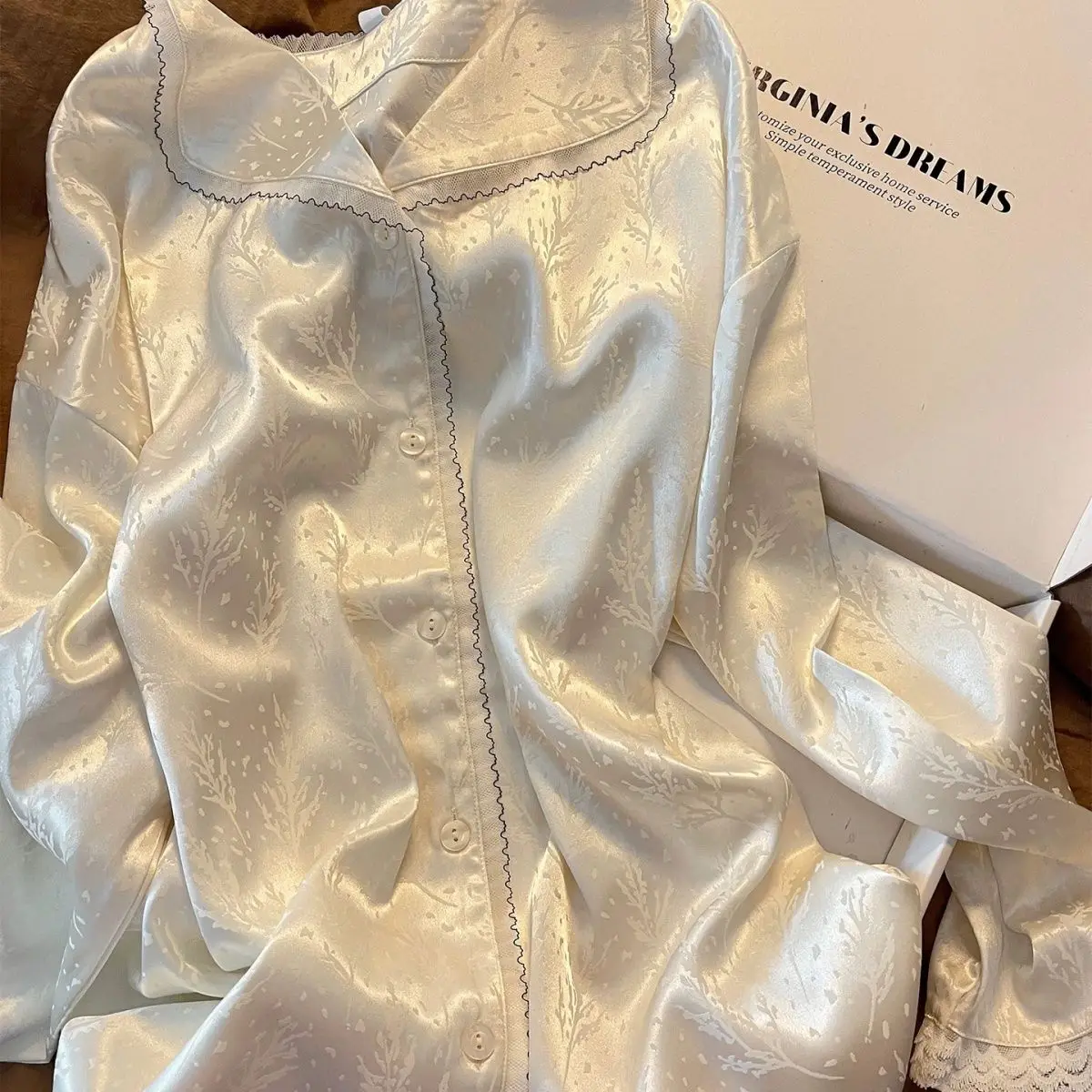 Elegant Light Luxury Chinese Style Ice Silk Pajamas Women Autumn Retro Satin Jacquard Long Sleeve Pants Homewear Set Pijamas