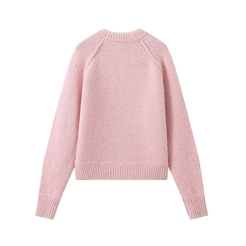 Autumn Vintage Women Contrast O Neck Long Sleeve Knit Sweater Casual Pullovers