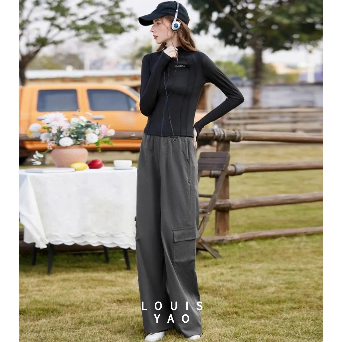 

LOUISYAO 2026 Spring Autumn Straight Women's Cargo Pants Elastic Waist Non-Stretch Drapey Long Casual Minimalist Trousers