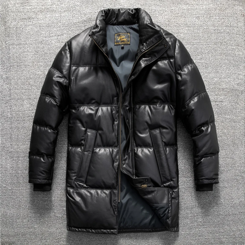 

First-layer cowhide warm and windproof genuine leather long thickened down jacket stand collar genuine leather large size jacket
