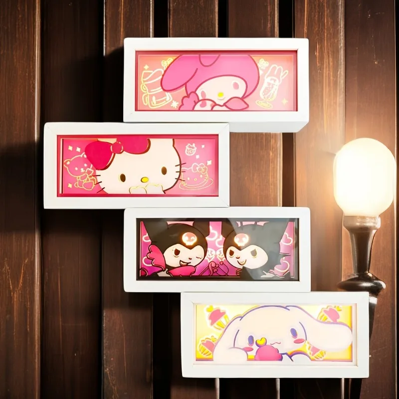 Kawaii Anime Sanrio Kuromi Hello Kitty Cinnamoroll Wood Light Box 3D Shadow Lamp and Night Light Room Decoration for Night Event