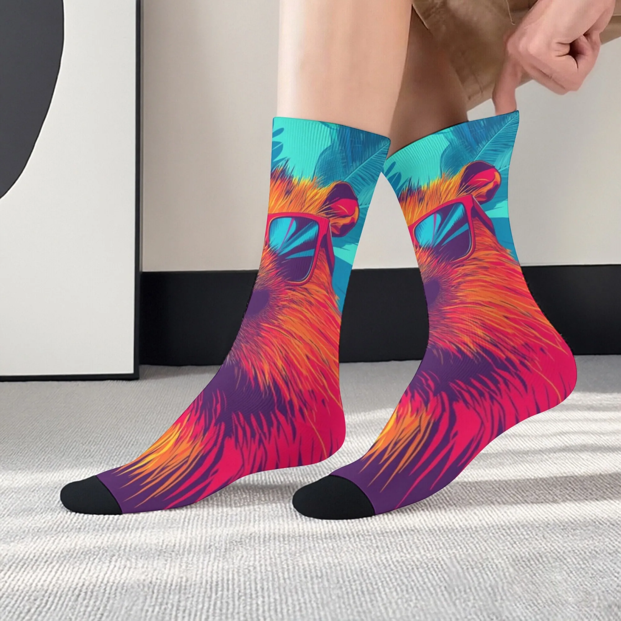 Trendy and Cool Capybara Gradient Print Men's Mid-calf Socks Tropical Plant Theme Retro Summer Street Style Fun and Cute Socks