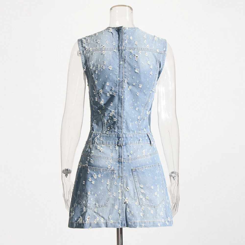 TWOTWINSTYLE Abiti in denim solido per le donne Girocollo senza maniche Tunica Tasche patchwork Scava fuori il vestito sottile Moda femminile