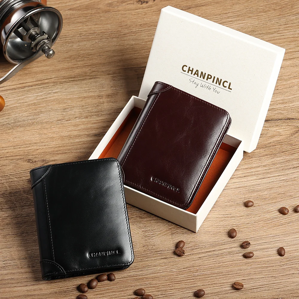 【Genuine Cow Leather】CHANPINCL Brand Men Wallet Luxury Short Tri-Fold First Layer Cowhide Classic Purse Male Business Fashion