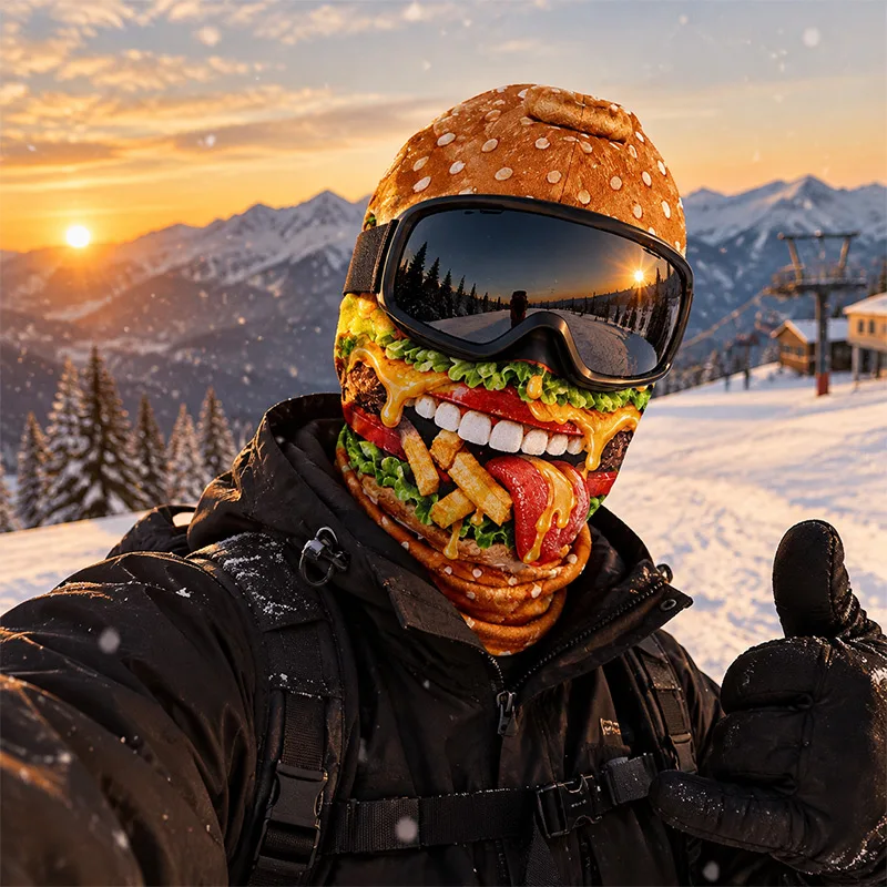 3D Funny Burger Print Balaclava Full Face Cover Windproof Helmet Liner Warm Neck Warmer Hood for Motorcycle Ski Cycling Outdoor