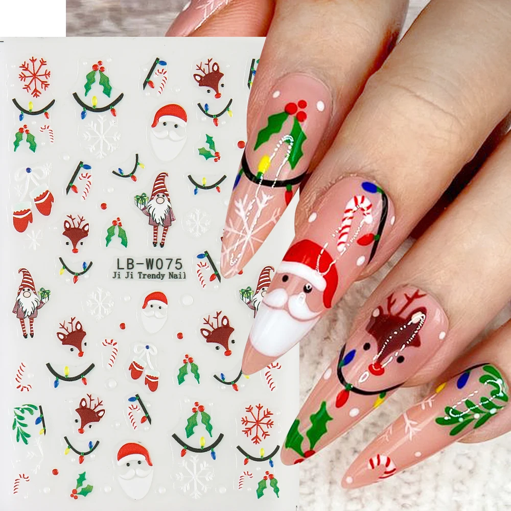 5D Cartoon Santa Claus Nail Art Sticker Christmas Deer Xmas Gloves Canes White Snowflake Nail Sliders Manicure Decors LEBLB-W075