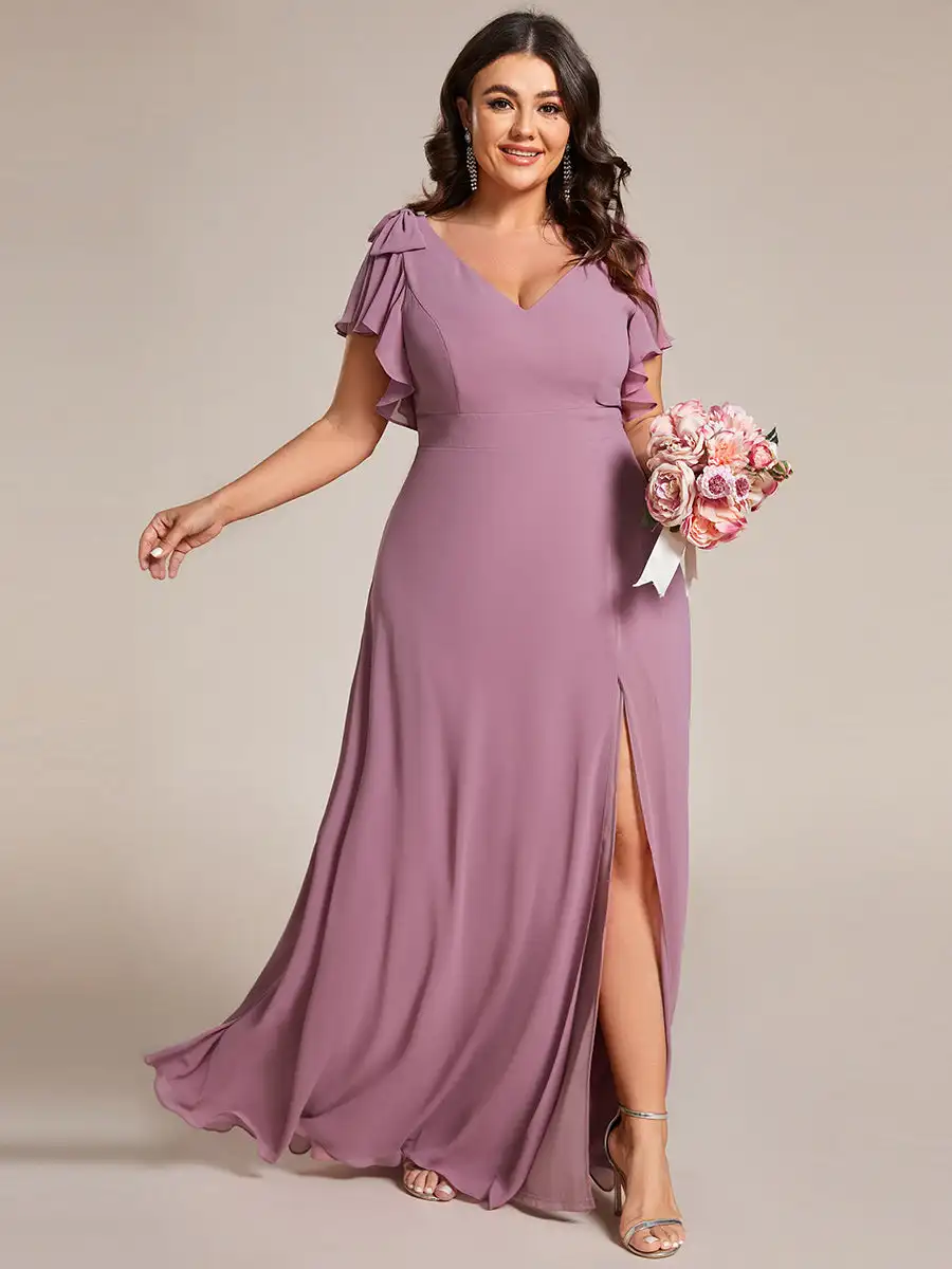 

Plus Evening Dresses Short Sleeves with Bowknot High Front Slit 2024 Ever pretty of A-Line Orchid Chiffon Bridesmaid Dress