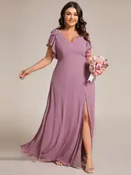 Plus Evening Dresses Short Sleeves with Bowknot High Front Slit 2024 Ever pretty of A-Line Orchid Chiffon Bridesmaid Dress