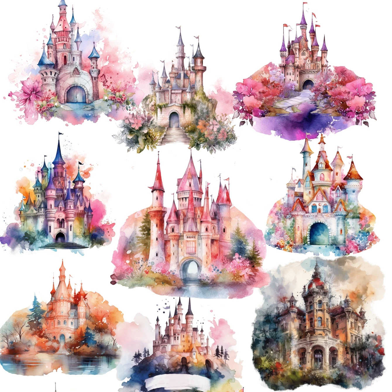 1 Set Fairy Tale Dream Watercolor Castle Stickers Scrapbooking  Decorative DIY Stationery   Artistic Decals  Journals Notebooks