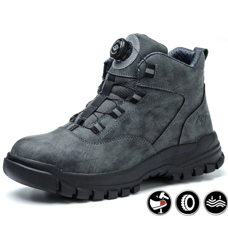 Lightweight Work Boots Safety Steel Toe Shoes Men Rotating Buttons Protective Shoes Work Sneakers Puncture-Proof Winter Boots