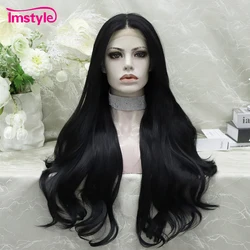 Imstyle-peruca de renda preta para mulheres, peruca dianteira sintética longa, fibra resistente ao calor, ondulado natural, perucas cosplay diárias