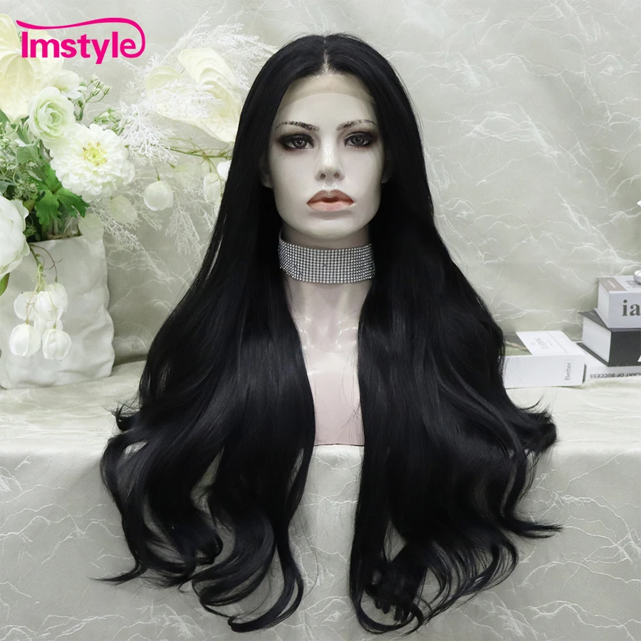 Imstyle czarna koronkowa peruka długa syntetyczna koronka przodu peruka włókno termoodporne naturalna falista koronka codzienne peruki Cosplay dla kobiet