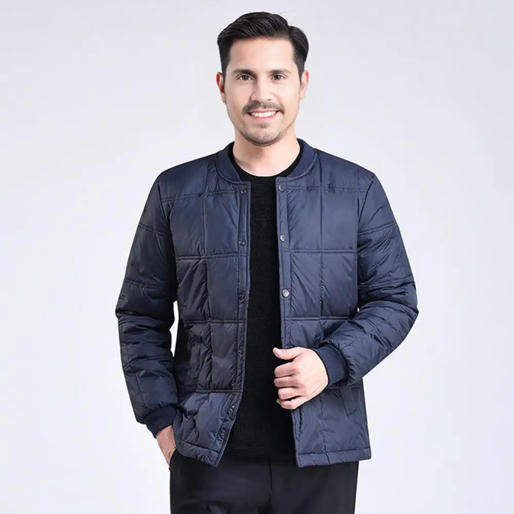 Mantel katun lengan panjang pria, jaket katun warna polos kerah berdiri lengan panjang, pakaian luar berlapis beludru tebal dengan saku musim gugur dan musim dingin