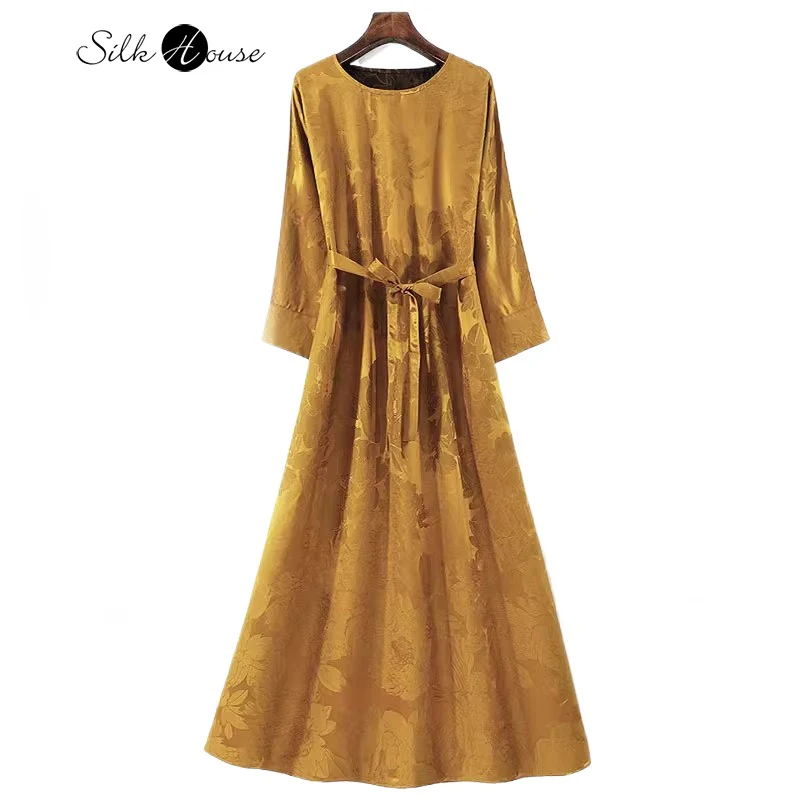 

Rare Transparent Gold 100% Natural Mulberry Silk Heavy Satin Gambiered Guangdong Gauze Women's Round Neck Long Sleeved Dress