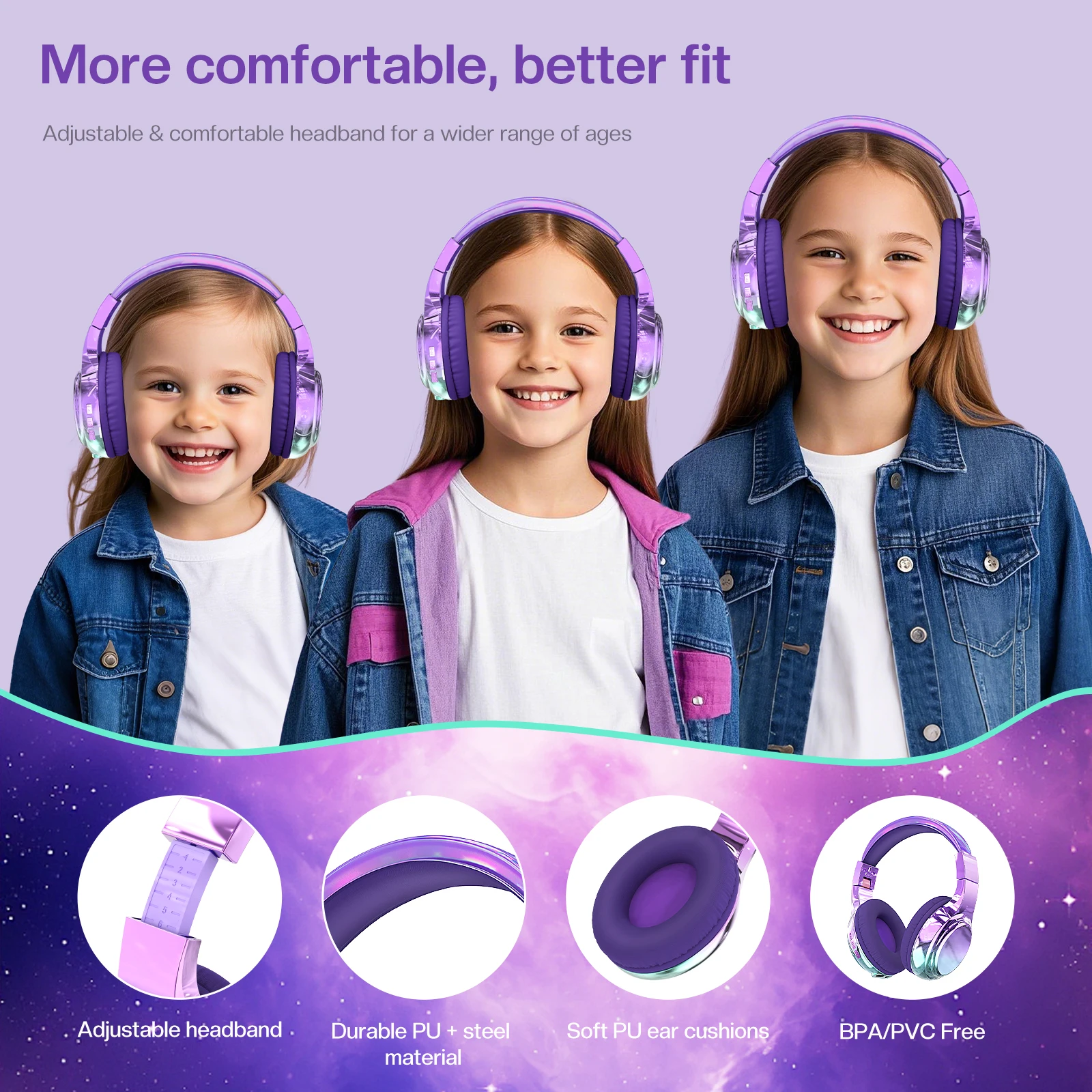 Auriculares Bluetooth con gradiente para niños, cascos inalámbricos por encima de la oreja para niñas con micrófono, auriculares ligeros plegables para viajes escolares
