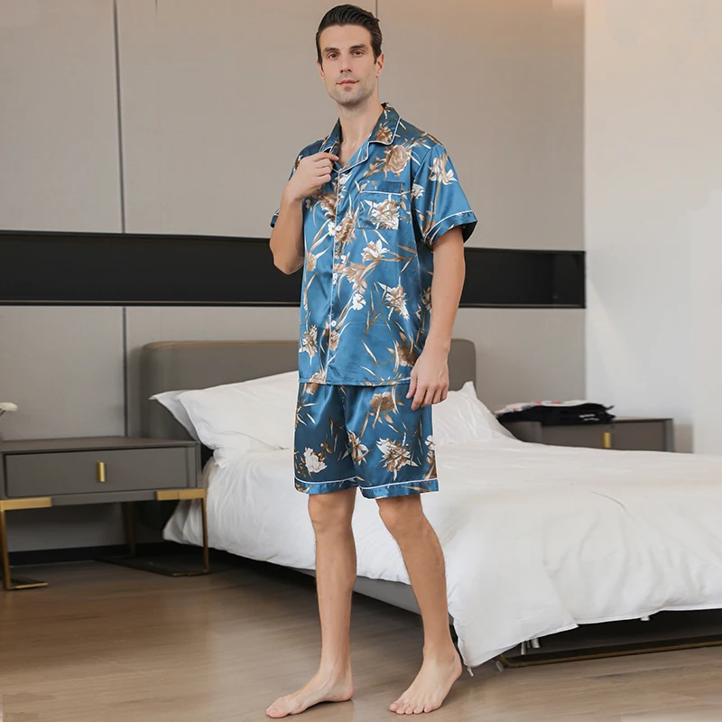 Pyjama à Manches Courtes en Soie Glacée pour Homme Vêtement d'Été Décontracté Cardigan Fin Peut Être Porté comme Ensemble