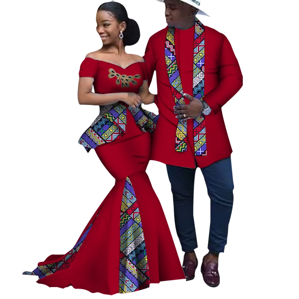 African Print Long Patchwork Dresses for Women  Riche Men\'s Top Shirt Couple Clothing African Lovers Couple Clothes WYQ253