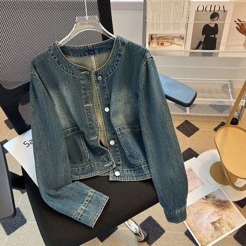 New Design Sense Women's O Neck Short Denim Jacket Spring Autumn Small Fragrant Basic Jacket Fashion Female Motorcycle Jacket