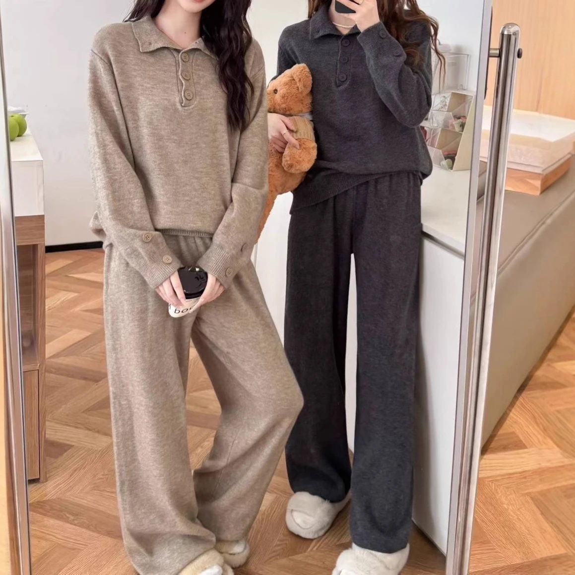

Two Pieces Women Knitted Pants Set Solid Set Polo Collar Pullover Cardigan Mid Waist Full Lenth Wide Leg Pant Casual 2025 Autumn
