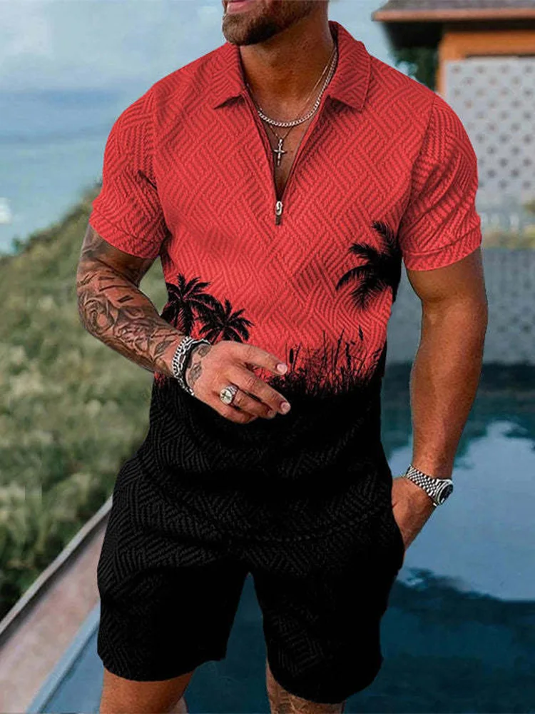 Conjunto de chándal con estampado 3D para hombre, Camiseta con cuello con cremallera, Polo y pantalones cortos, 2 piezas