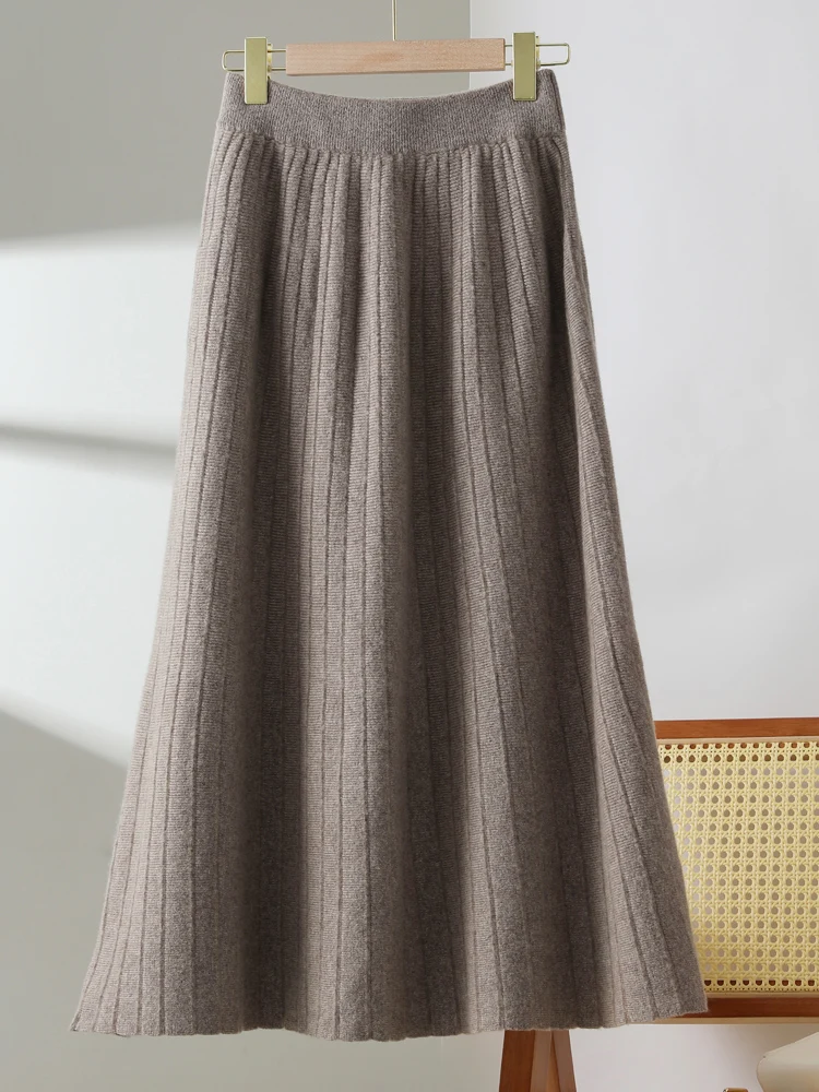 

100% Pure Wool Jacquard Skirts Women's Elastic Waist Thicken Pleated Skirts Fashion Knitted Umbrella Skirt Big Swing Long Skirt