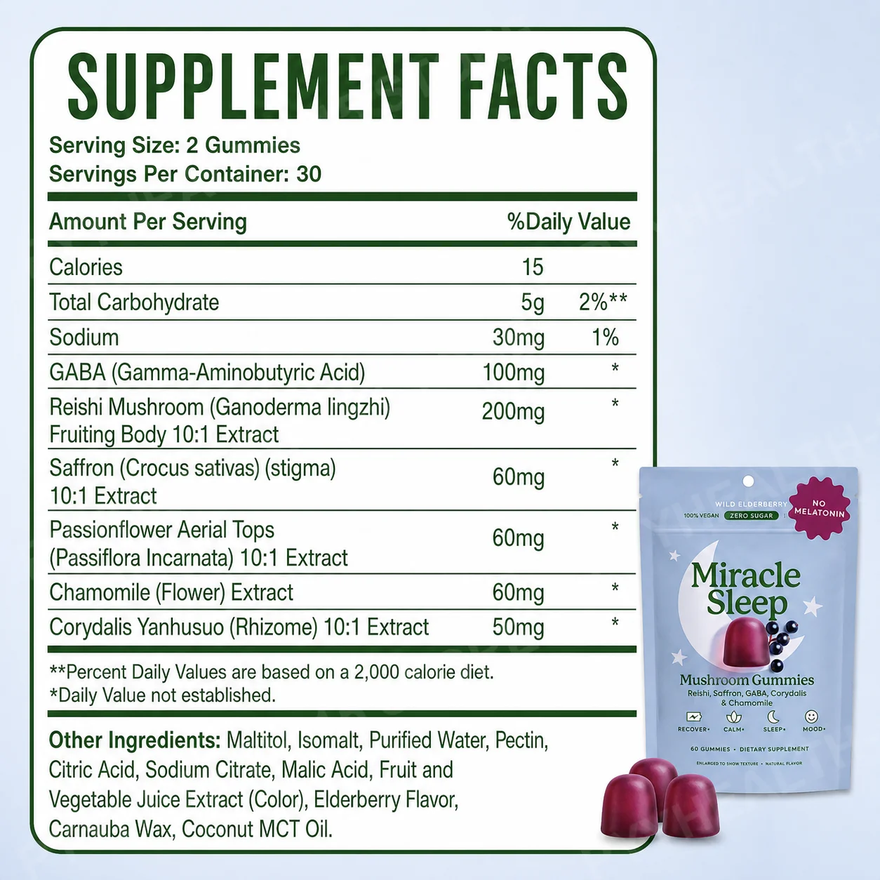 Melatonin-Free Mushroom Sleep Gummies with Reishi, GABA, Saffron & Chamomile, Wild Elderberry, Calm Night Support, 60 Count