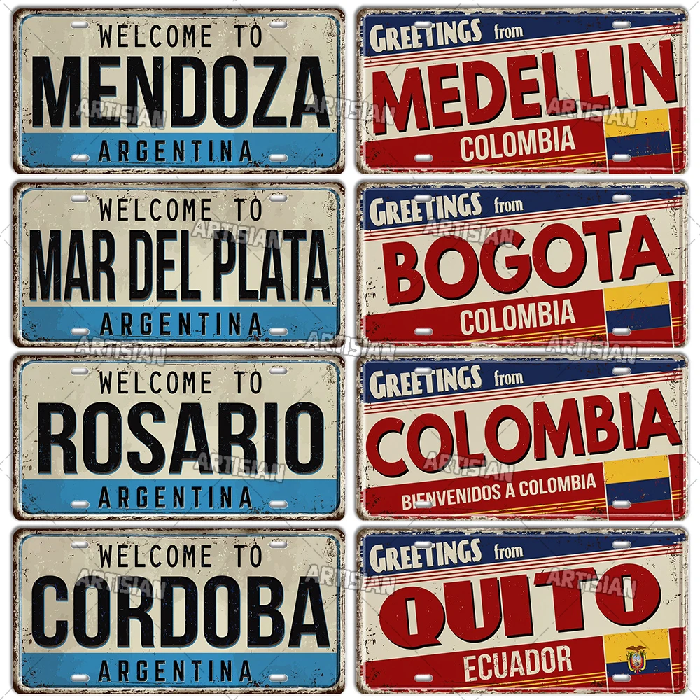 Artisian Argentina ecuador Chile Colombia License Plate Landmark Metal Sign City State Decorative Car Plate Wall Decor Garage