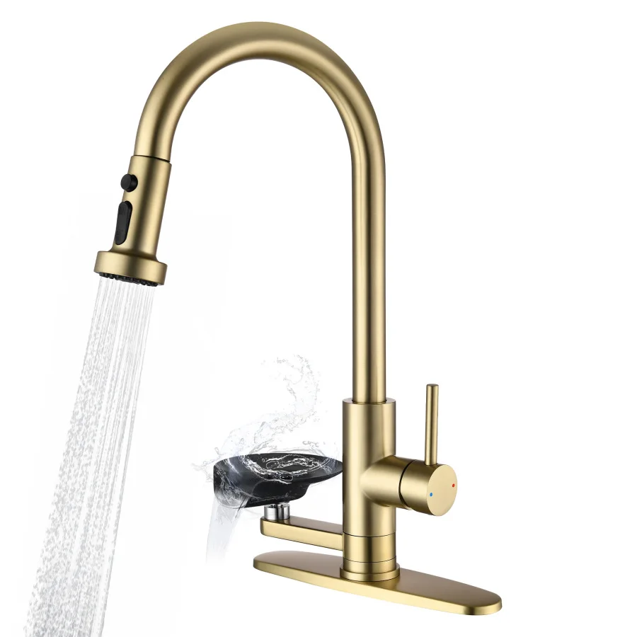 

3-in-1 Kitchen Faucet with Press-Type Glass Rinser Universal for 1 and 3 Holes High-Arc Pull-Down Sprayer with 3 Function Spray