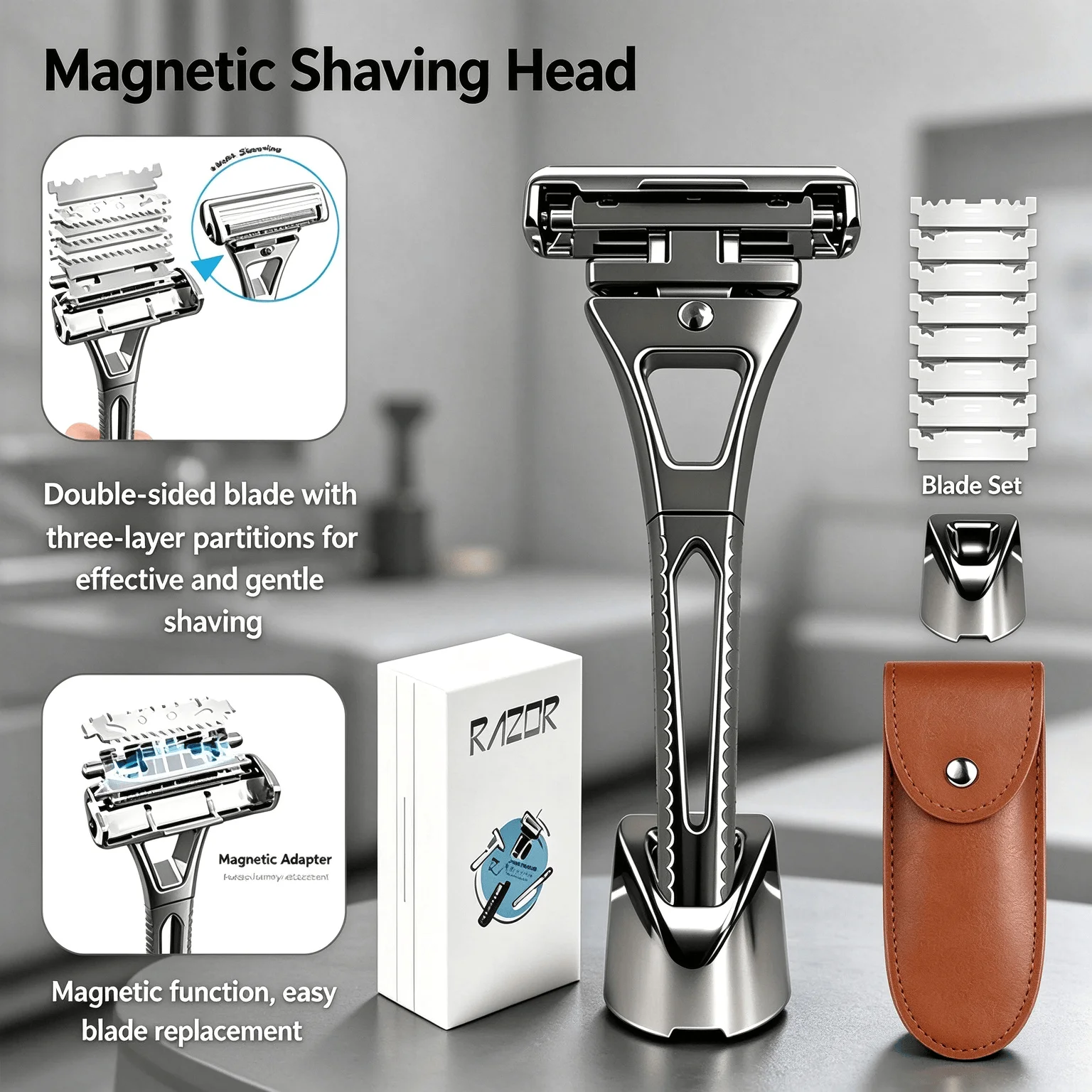 Safety Razor Handle - มีดโกนหนวดแบบ 4 ชั้น ใบมีดครึ่งใบ DE สำหรับความปลอดภัย