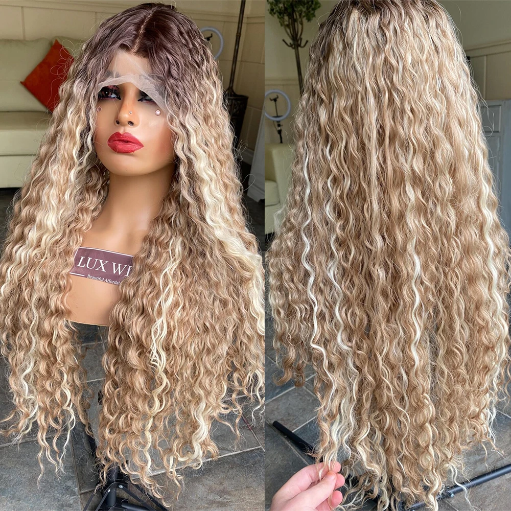 

Роскошный парик с кружевной передней частью, длинный, с блондинистыми прядями, кудрявый, с темными корнями, светло-русый балаяж, из синтетического волокна, 28 дюймов, для женщин