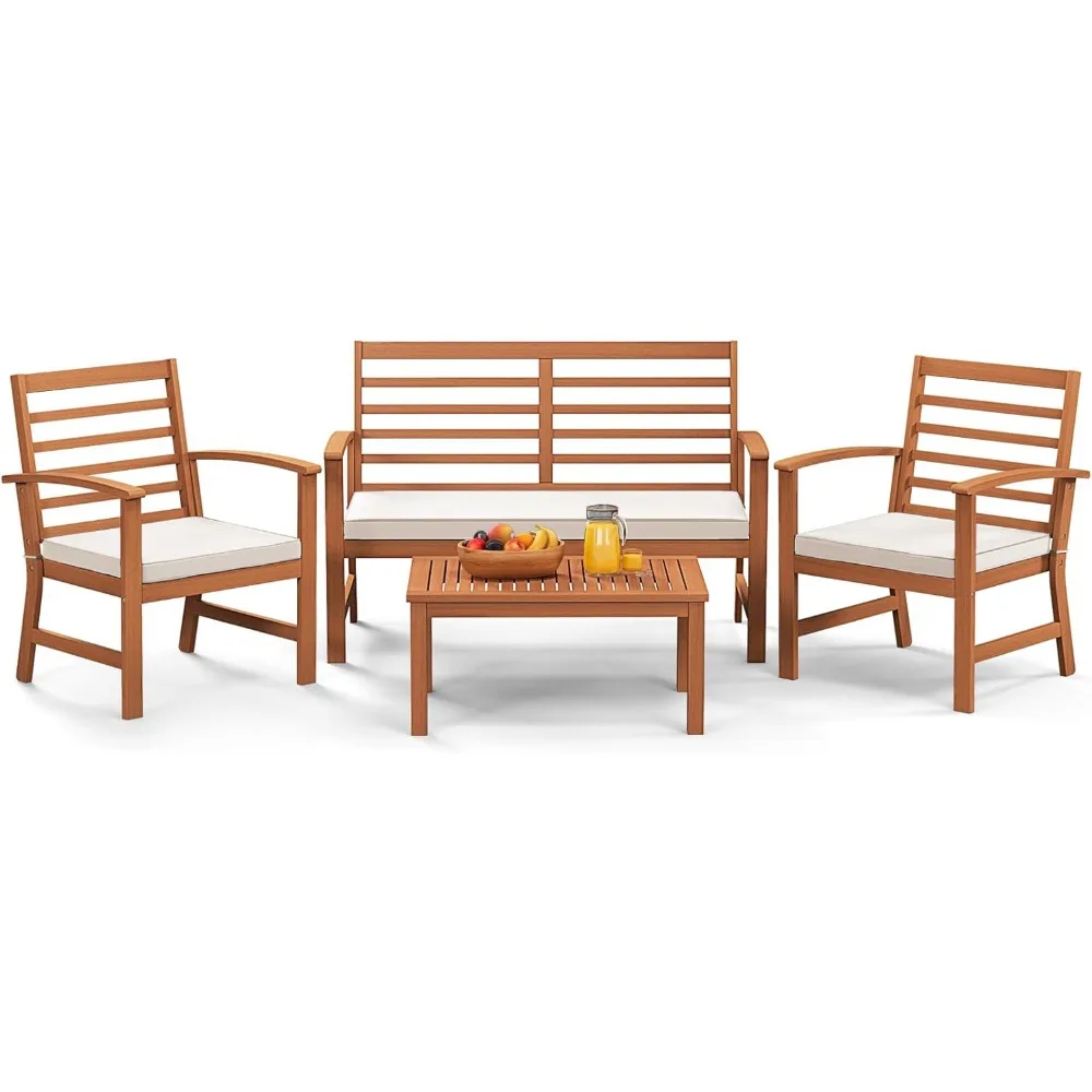 

4 Pieces Outdoor Furniture Set, Acacia Wood Conversation Set w/Soft Seat Cushions, Stable Acacia Wood Frame