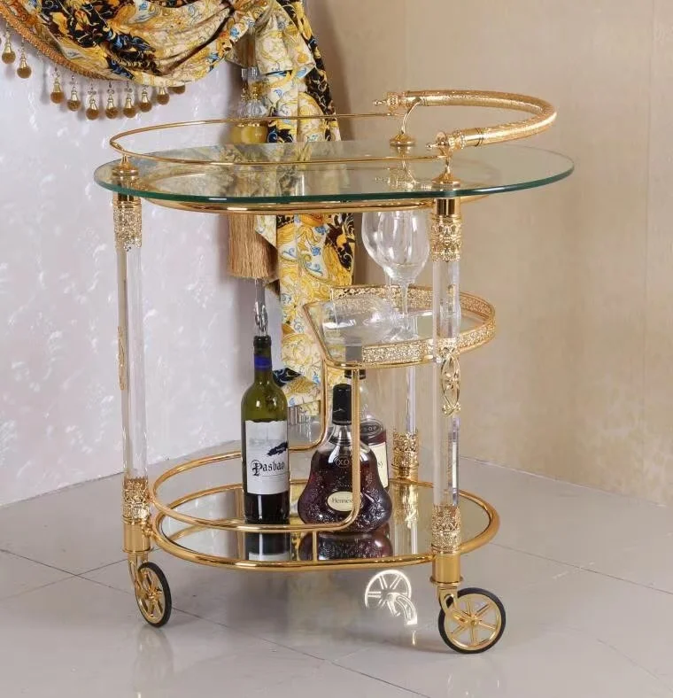 Luxury Classical Design Stainless Steel Dinner Trolley Silver Gold Metal Movable Dinning Cart Truck Home Kitchen Hotel Furniture