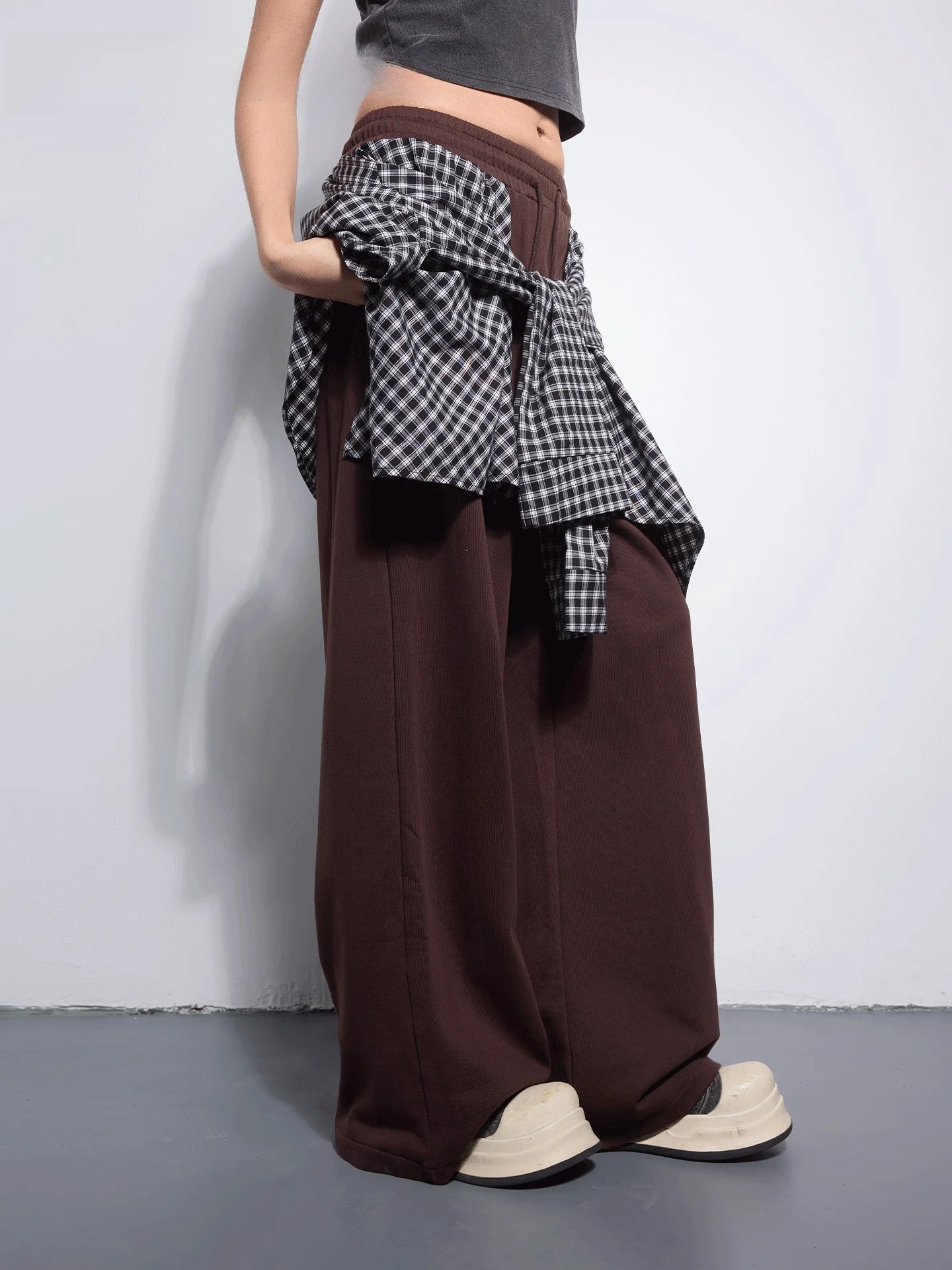 

Casual Cotton Plaid Pants Drapey Loose Commute Spring Outerwear Trousers Street Style Versatile Drawstring Straight Leg Trousers