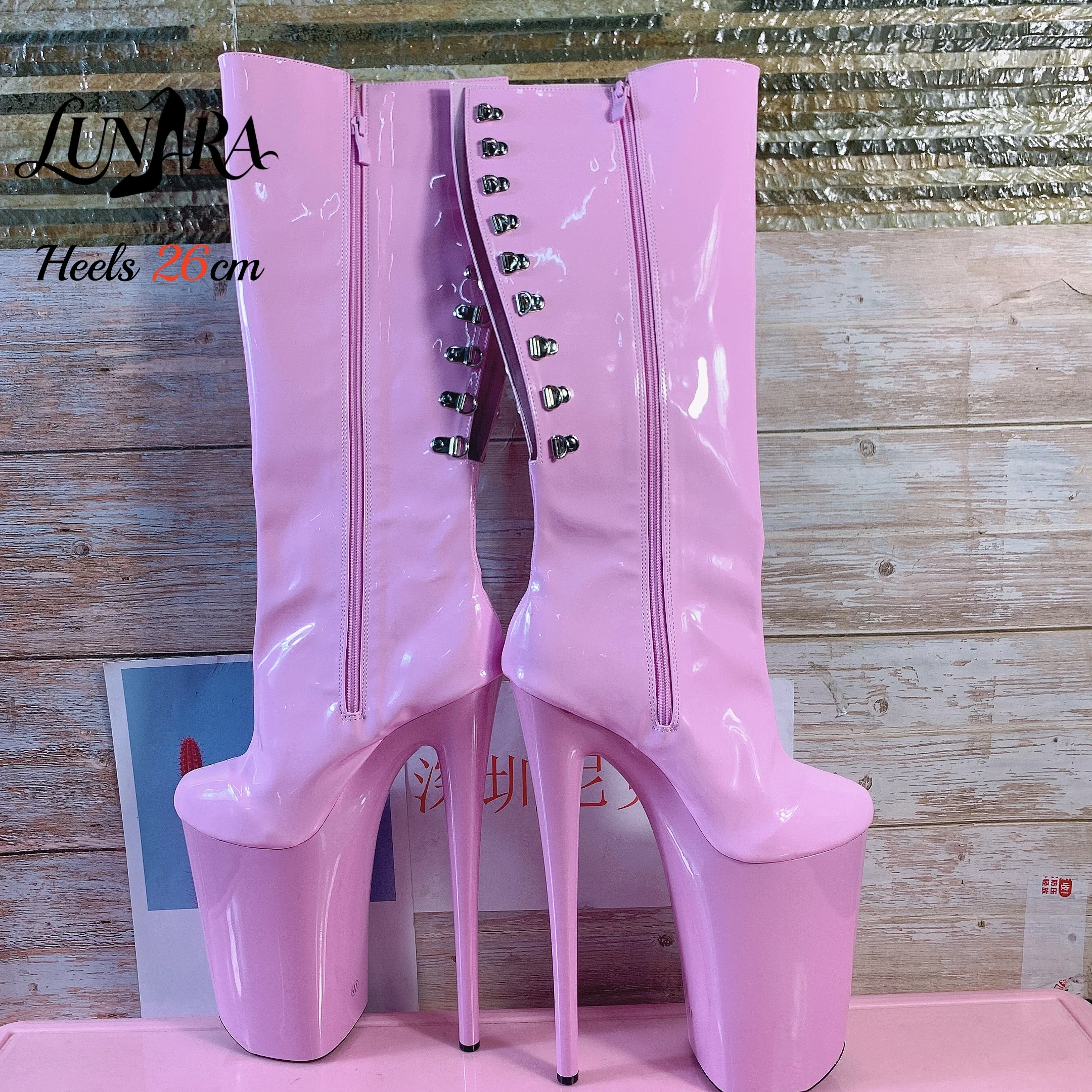 Ladies 26cm/10Inch Pink Patent Zipper Loops Platform Extreme Stiletto Mid-calf Boot Exotic Stripper Pole Dance Club Rave Party