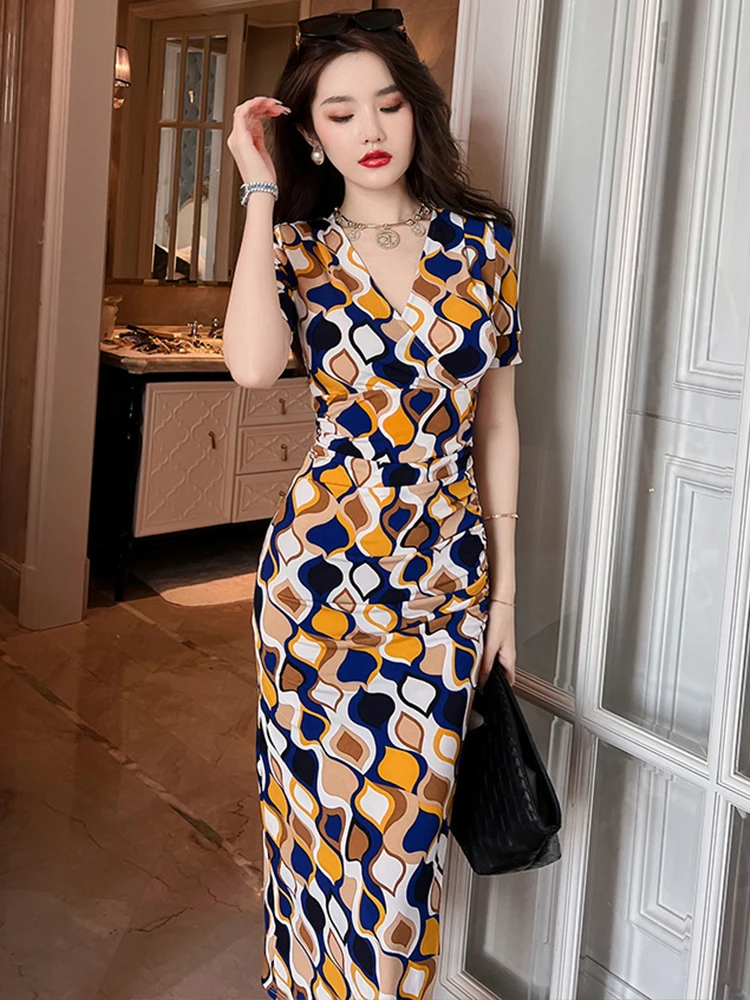 Korean Women Evening Dress Temperament Casual V-Neck Skinny Wrap Midi Party Vacation Street Stretchy Robe Femme Mujer Vestidos