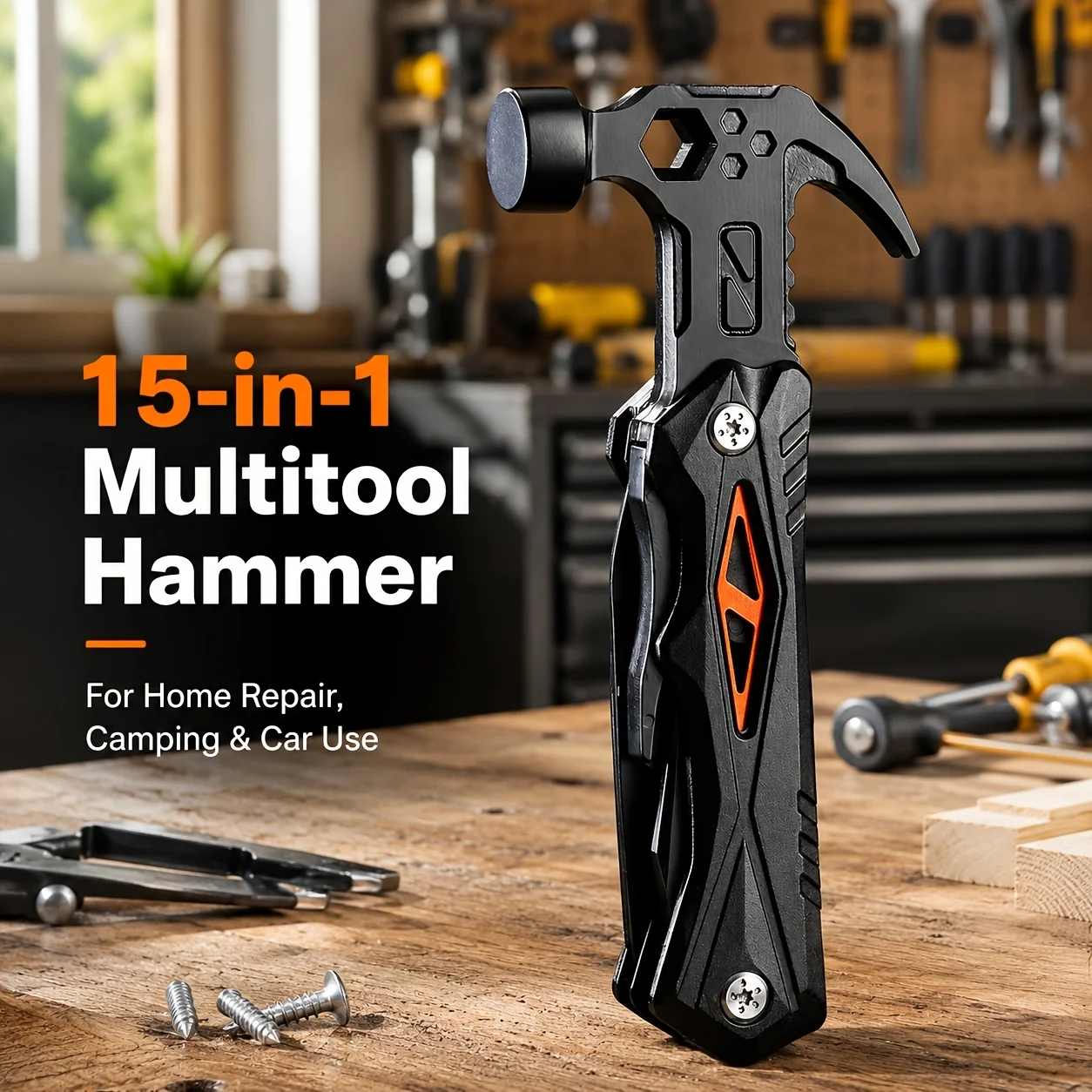 17-in-1 Multifunctional Tool Hammer Foldable Survival Tool Featuring  Nail Puller Pry Claw 4-12mm Hex Wrench Wire Cutter Bottle