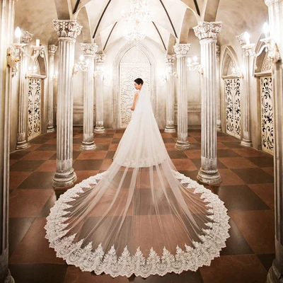 Velo de novia de boda de catedral de apliques de tul de 4M, blanco marfil, blanco, peine de Metal cosido a mano, velo de novia largo de lujo velo bla