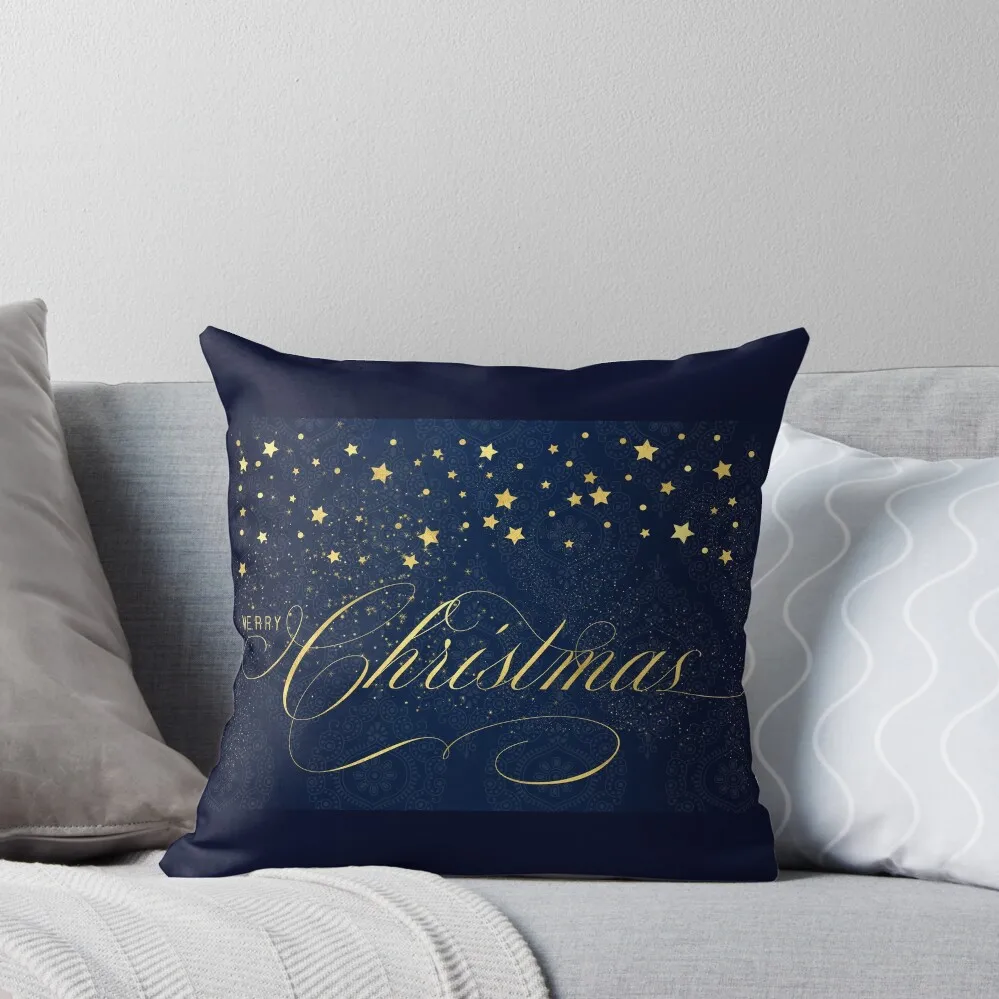 

Merry Christmas Navy Blue and Faux Gold Leaf with Stars Throw Pillow pillow cover luxury Couch Pillows Anime pillow