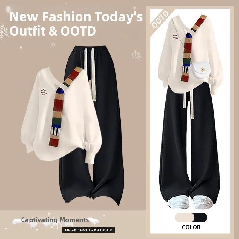 

Korean Sle Winter Outfit Women's Faion Set Casual High Waist Sweater And Pants Two-Piece Ensemble V-Ne Long Sve