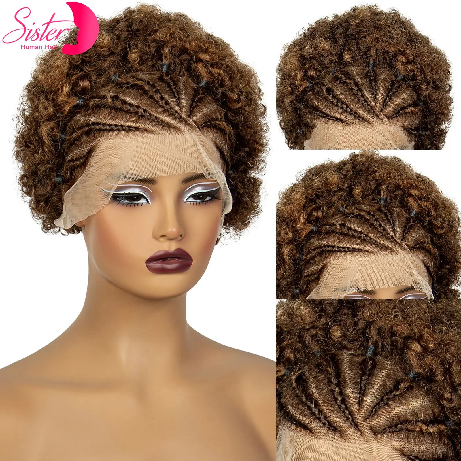 250% Density 4/30 Highlight Afro Kinky Curly Human Hair Wigs with Cornrow Braids 13x4 Lace Frontal Short Curly Bob Wig for Women