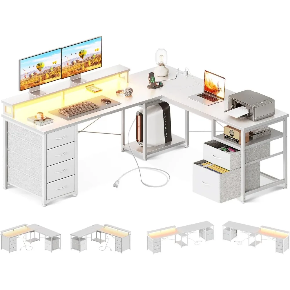 

Study Table Corner Gaming Desk With LED Lights & Power Outlet Reversible Home Office Desk With File Cabinet & 4 Drawers Computer