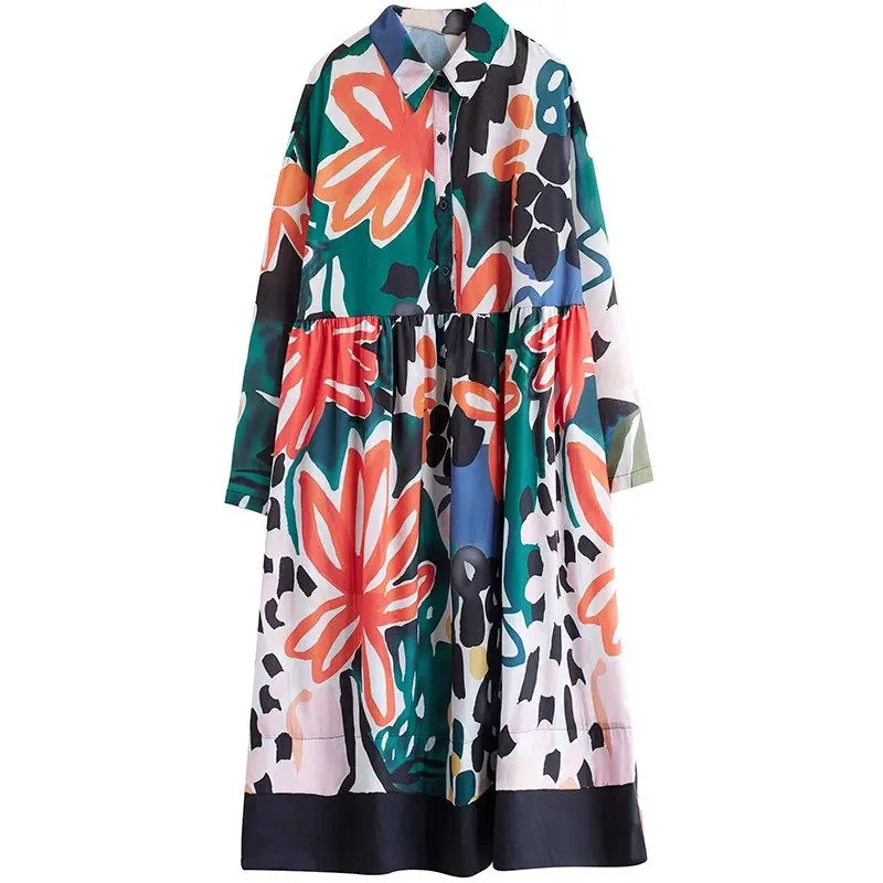 Vestido de camisa estampado de comprimento médio feminino, robe feminino, solto, emendado, arte retrô, tamanho grande, edição coreana, novo, outono, Z2812, 2023