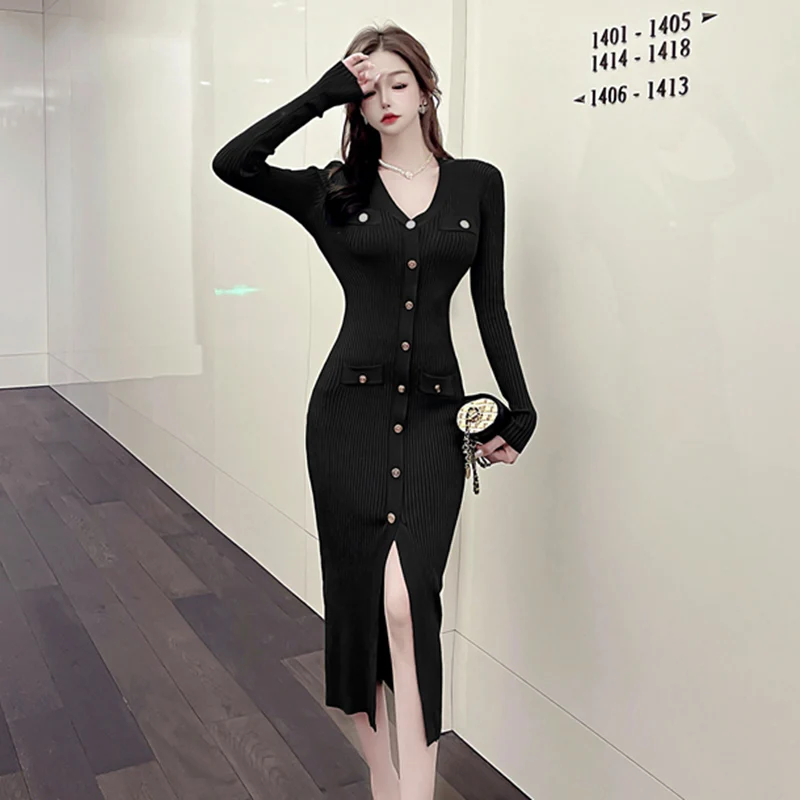 Knee-Length Knitted Dress Women's Autumn Winter V-Neck Single Button Slim Fit Sexy Slit Base Wrap around Skirt Long Dress