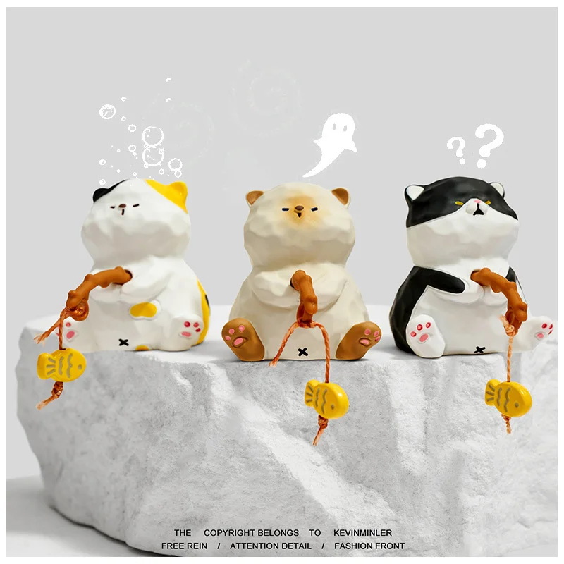Cartoon Small Black Cat Fishing Resin Desktop Ornament Cute Cat Workstation Computer Desk Decoration Gift Home Decoration