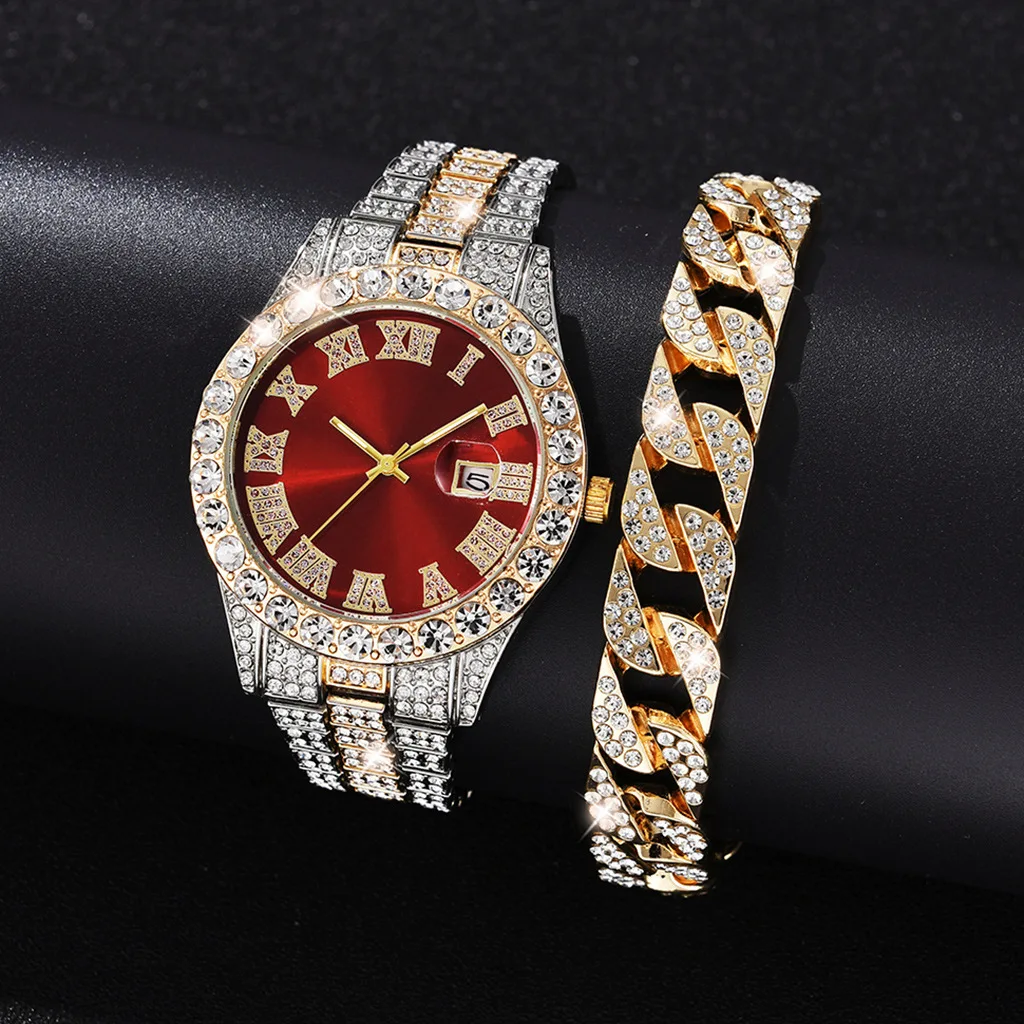 2PCs Fashion Luxury Full Diamond Steel Band Calendar Roman Scale Men\'s Steel Band Quartz Watch with Diamond Chain Bracelet Gift