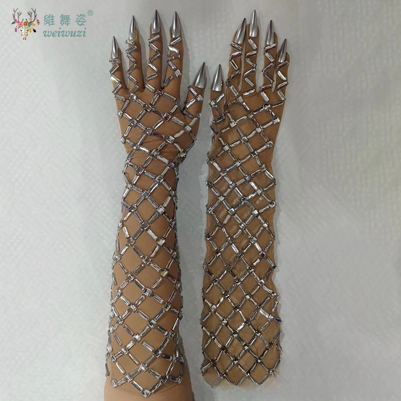 Sarung Tangan Pernikahan Pengantin Berlian Imitasi Seksi Mewah dengan Kuku Palsu Ornamen Penyanyi Aksesori Panggung Pesta Sarung Tangan Tabir Surya