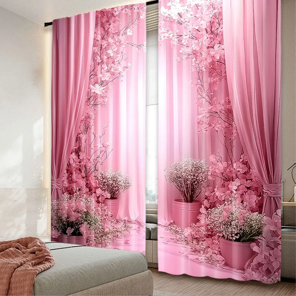 2Pcs Romantic Pink Floral Print Art Window Curtains Stylish Home Decor For Bedroom Living Room Dining Room Study Office
